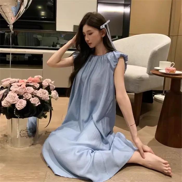 Chemise de nuit Sexy en coton pour femmes, tenue de maison, col rond, sans manches, vêtements de nui