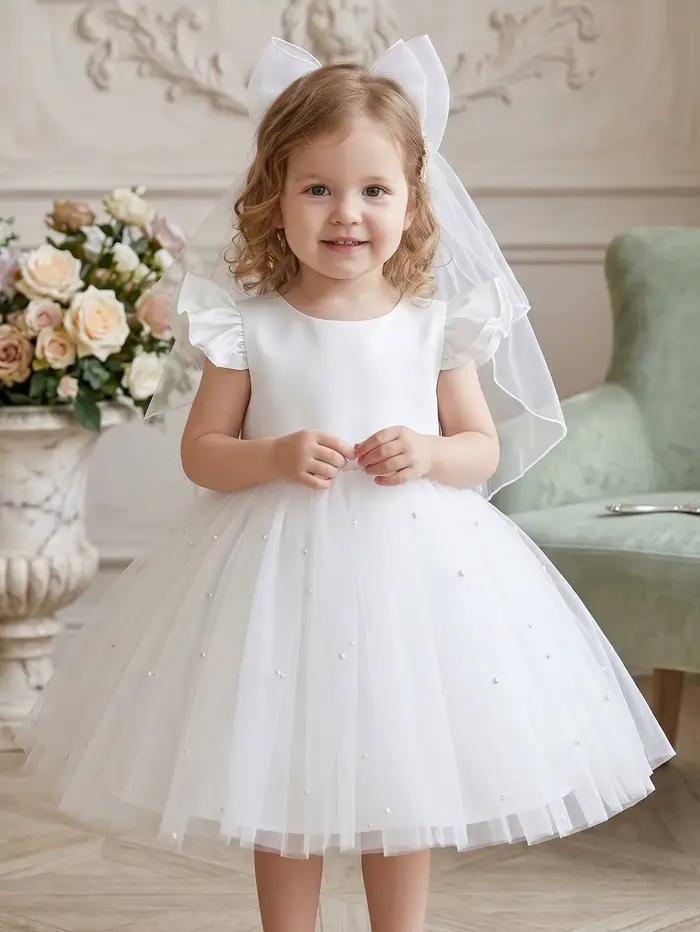 Robe blanche pour demoiselle d'honneur, robe de fête en tulle à volants avec nœud papillon, cadeau p