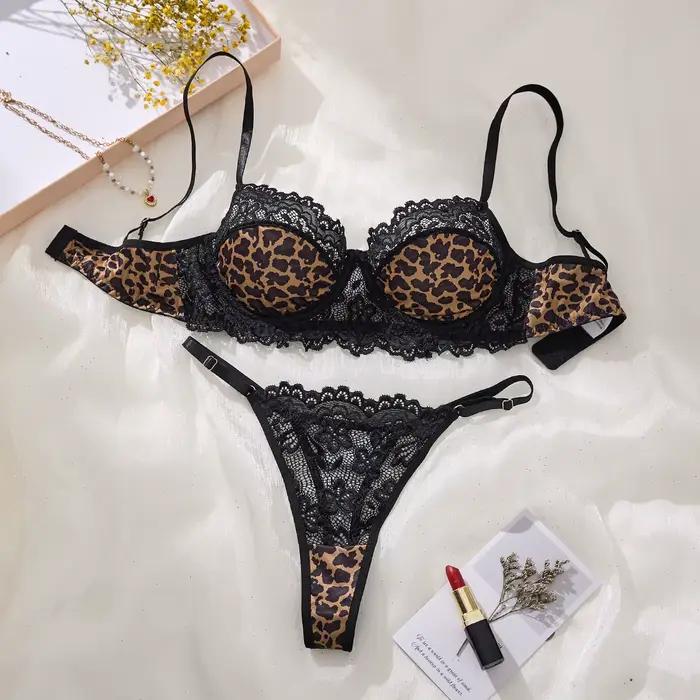 Ensemble de lingerie sexy à imprimé léopard noir - Ensemble de soutien-gorge transparent - Lingerie 