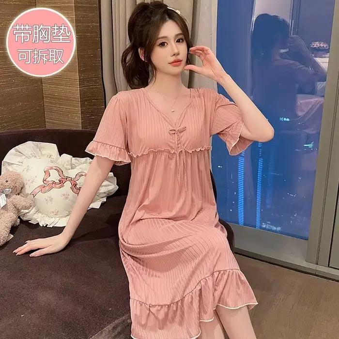 Chemise de nuit sexy en dentelle à manches courtes pour femmes, vêtements de nuit mignons, chemise d