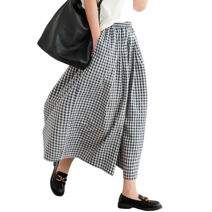 Pantalon Capri à jambes larges pour femmes, culotte à carreaux vichy en coton, taille élastique, Pal