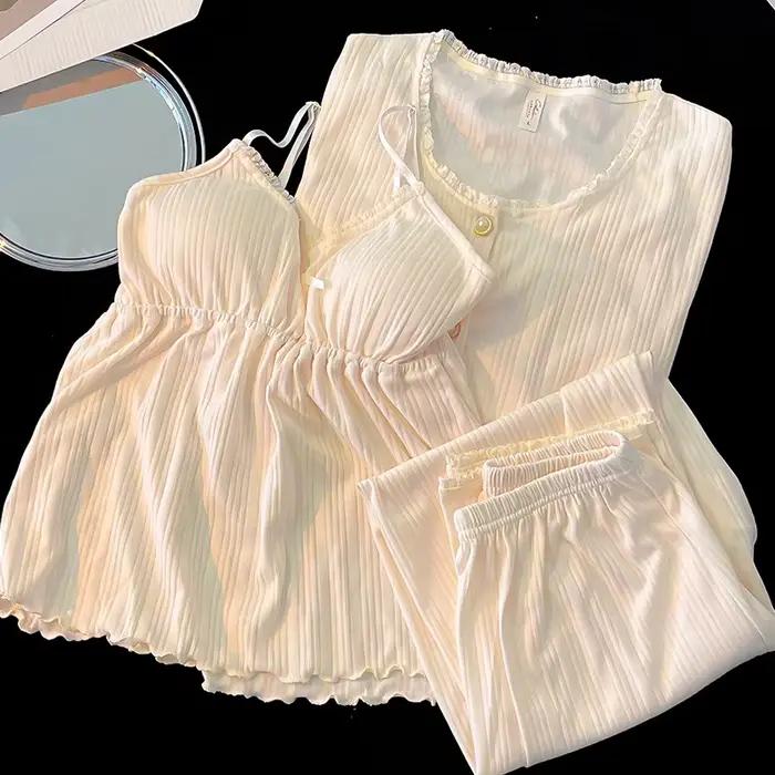 Pyjama haut de gamme en coton pour femmes, ensemble quatre pièces, manches longues, coussin de poitr