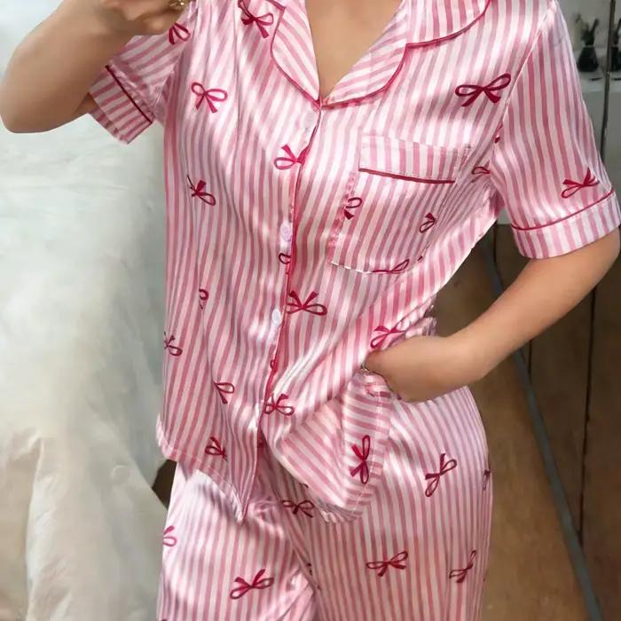 Ensemble de pyjama pour femmes en faux satin, hauts et pantalons boutonnés, pyjama en soie, ensemble
