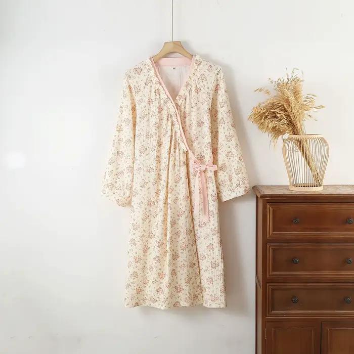 Chemise de nuit Kimono en pur coton, Double couche de gaze, manches longues, jupe de maison en dente