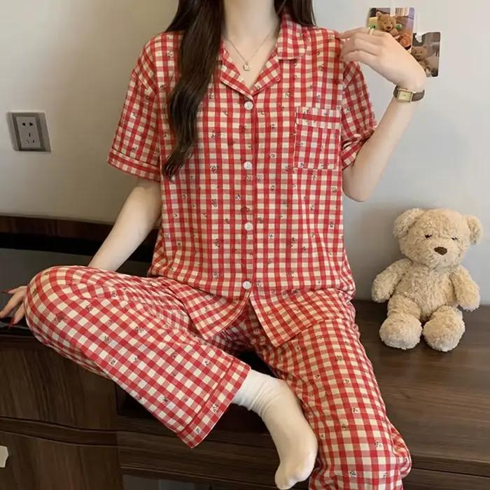 Pyjama d'été vintage à carreaux rouges à manches courtes pour filles ; Ensemble de vêtements de déte