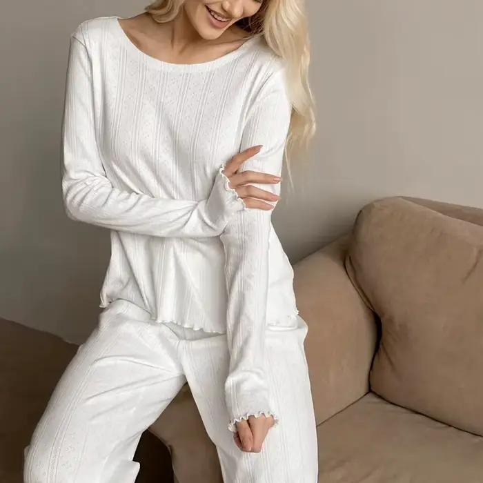 Pyjama de loisirs en Jacquard pour femmes, vêtements de maison, manches longues, pantalon Long, ense