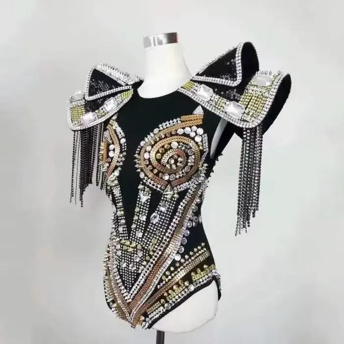 Cristaux pierres body discothèque danseur scène spectacle Catsuit luxe armure Style Bar femme chante