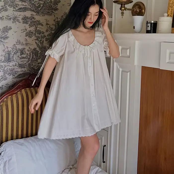 Femmes françaises douce chemise de nuit grande taille Cardigan 100% coton nuisette princesse Vintage