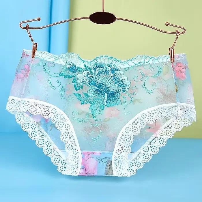 Culotte en dentelle transparente sans couture pour femme, sous-vêtement sexy, broderie de fleurs, do