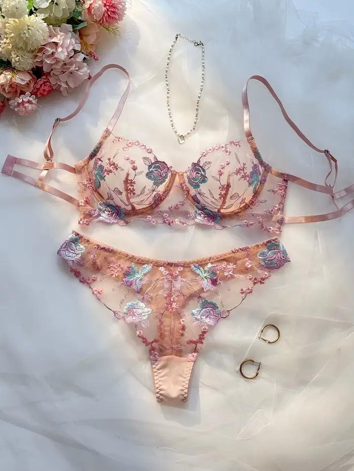 Ensemble soutien-gorge et culotte pour femmes en dentelle rose pastel douce avec armatures en acier,