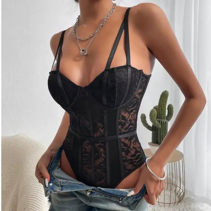 Nouveau Body Sexy en Dentelle 2026 pour Femme – Haut Élégant Moulant Côtelé Noir et Blanc Tendance p