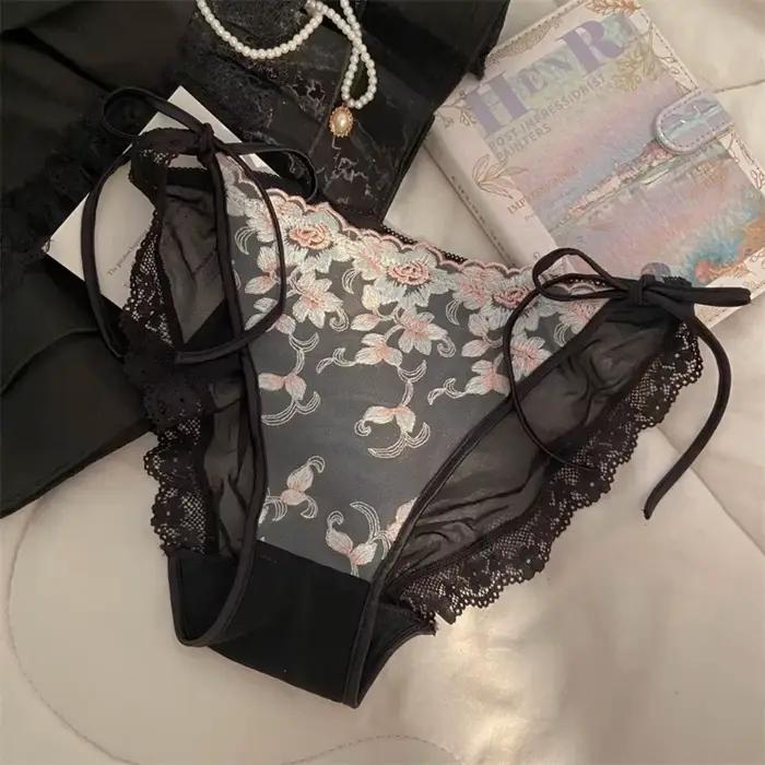 Culottes taille basse brodées de fleurs en coton avec entrejambe en coton, lingerie douce pour femme