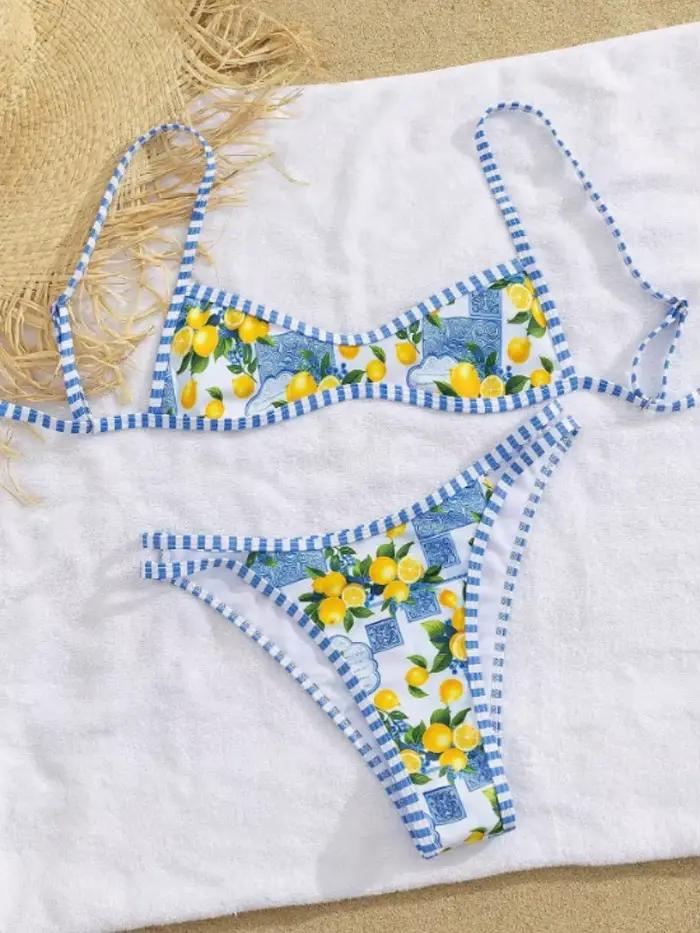 Sexy bleu ciel fruits imprimé Micro Bikini 2026 femmes brésilien plissé soutien-gorge Push Up creux 
