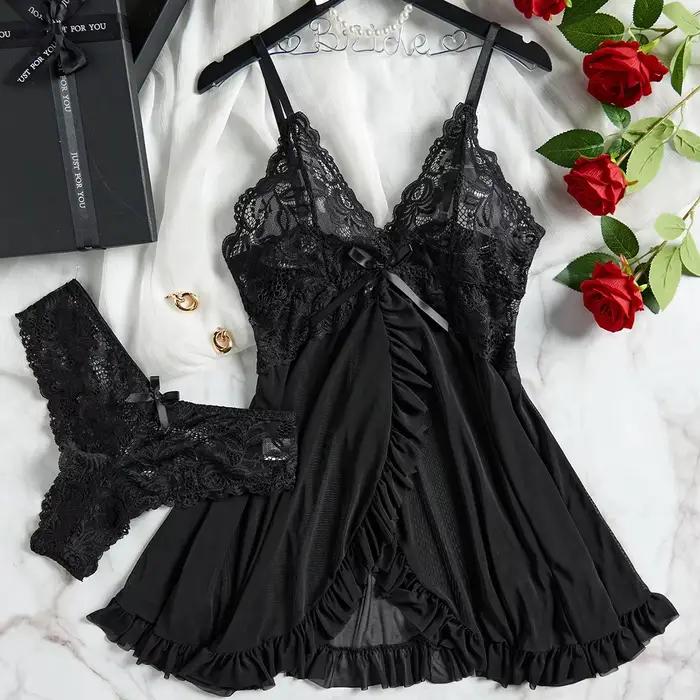Transparent rouge Sexy Lingerie sous-vêtements pour femmes voir à travers les vêtements de nuit dent