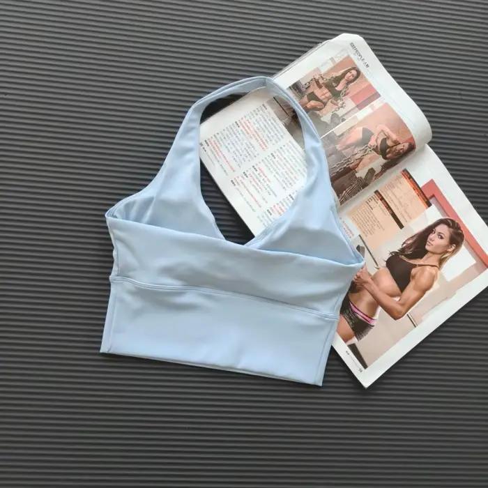 Soutien-gorge de yoga dos nu à col en V profond pour femme, en tissu soyeux et lisse, haut de sport 