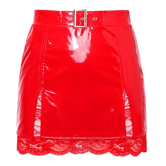 Jupe mini moulante en similicuir PU brillant pour femme, style latex, avec fente, effet mouillé, dou