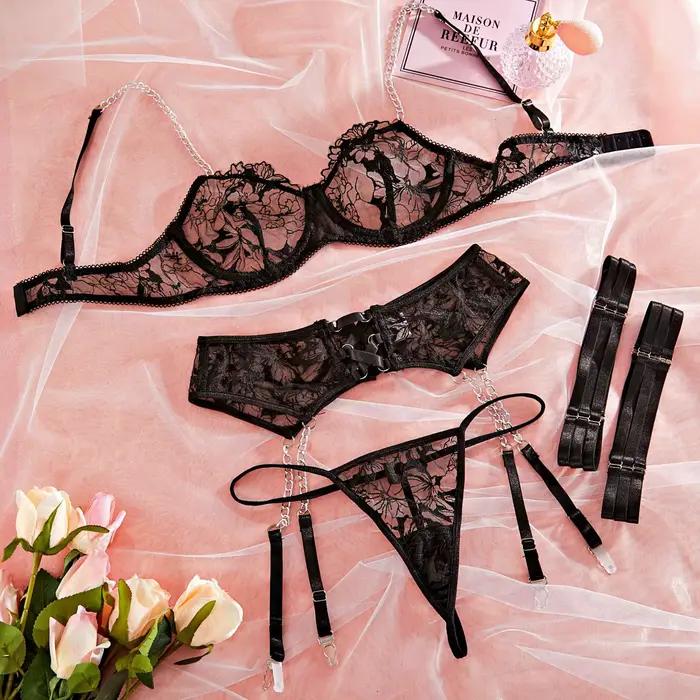 Femmes dentelle soutien-gorge string porte-jarretelles chaînes rose Transparent Lingerie ensemble ex