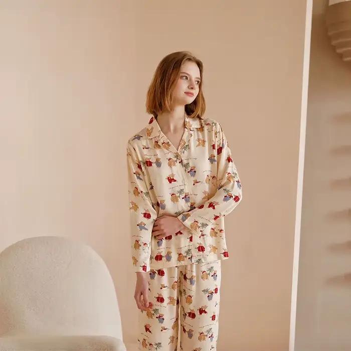 Ensemble pyjama confortable imprimé ours pour femmes, pyjama de noël en coton doux, mignon, vêtement