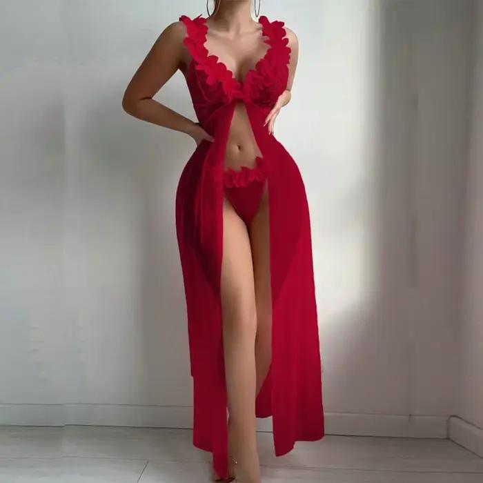 Robe de nuit en dentelle florale 3D pour femmes, ensemble chemise de nuit + string, vêtements intime