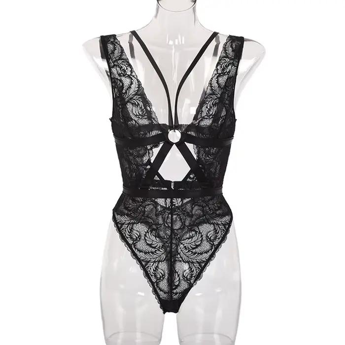 Sexy dentelle transparente Lingerie Pornos costume femmes évider pansement sous-vêtements body vêtem