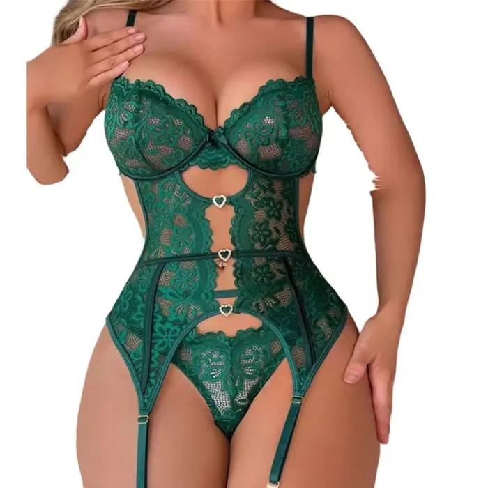 Ensemble de lingerie sexy en dentelle, soutien-gorge transparent avec porte-jarretelles, vêtements d