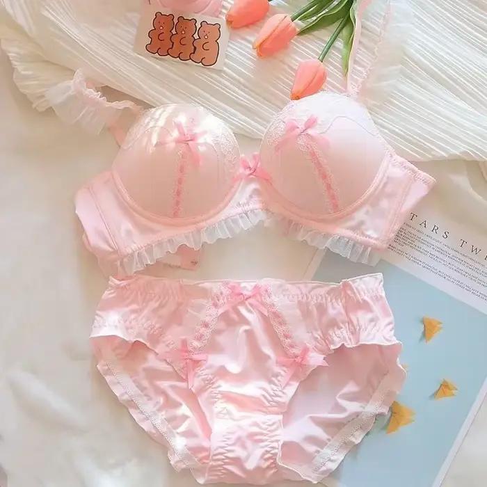 Ensembles de soutien-gorge et culotte de style japonais en dentelle rose pour femmes, lingerie sexy,