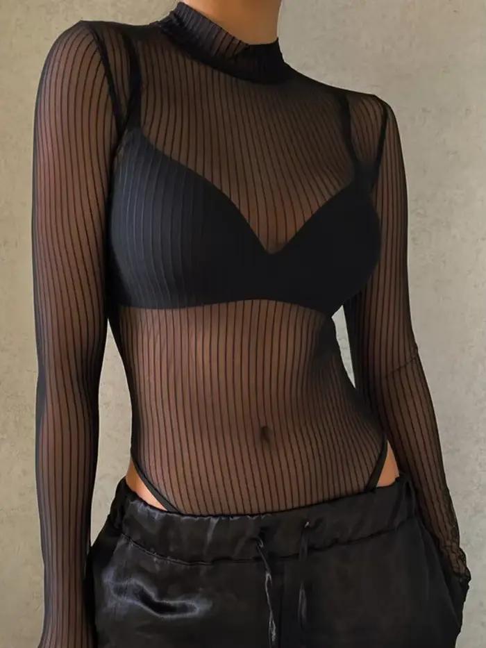 Body transparent à manches longues pour femmes, Lingerie Sexy, Slim, col roulé, Corset, dos nu, tend