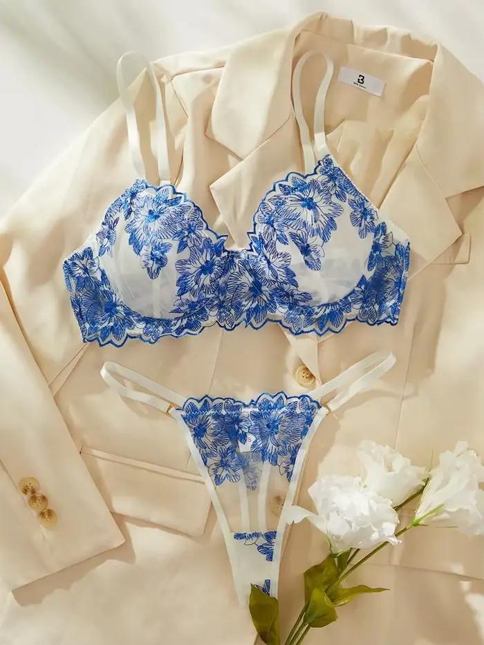 Toucheart-Ensemble de lingerie sexy pour femme, bleu, confortable, simple, dentelle