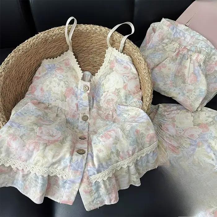 Pyjama floral pour femme, été, fin, avec coussinets de poitrine, en coton nuage, ensemble trois pièc