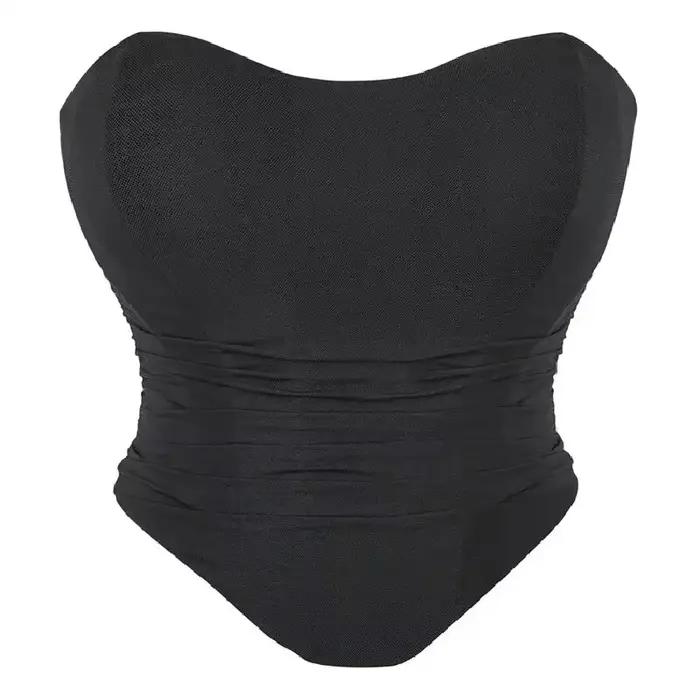 Vin rouge élégant maille froncé ruban de poisson cravate dos dos nu ourlet incurvé Bustier Corset Bo