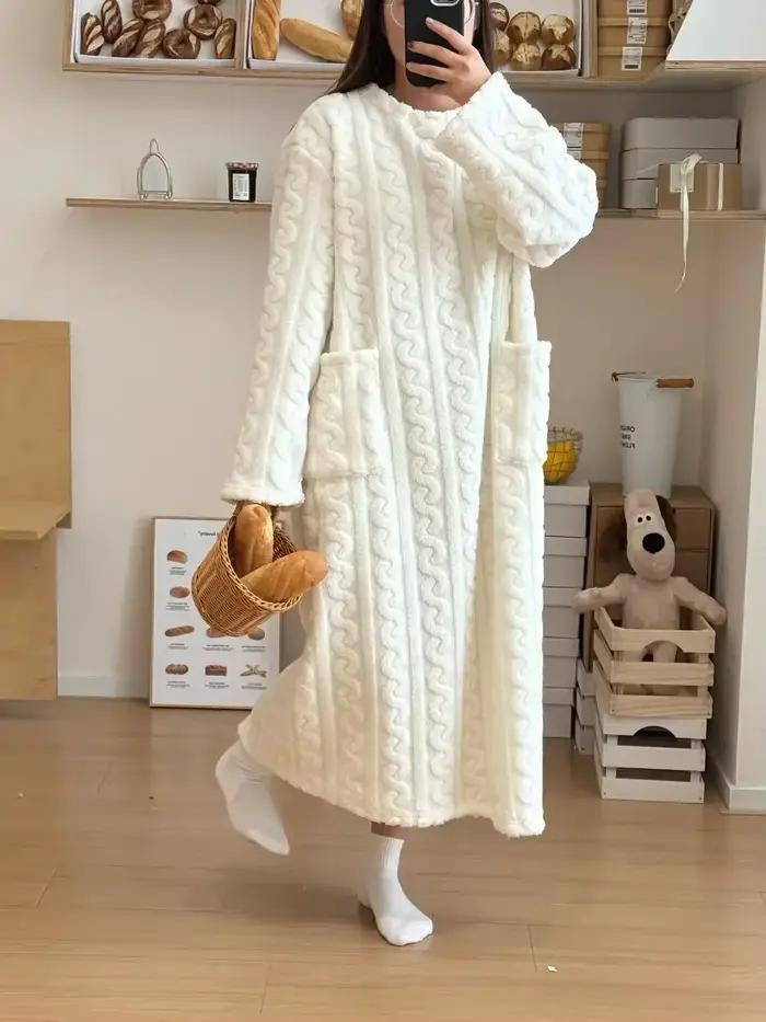 Hiver à manches longues Double poche flanelle chemises de nuit femmes ample solide vêtements de nuit