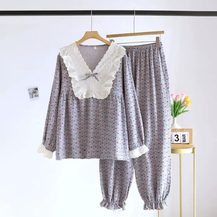 Princesse Cottagecore pyjama ensemble femmes Vintage dentelle col vêtements de nuit mignon coeur imp
