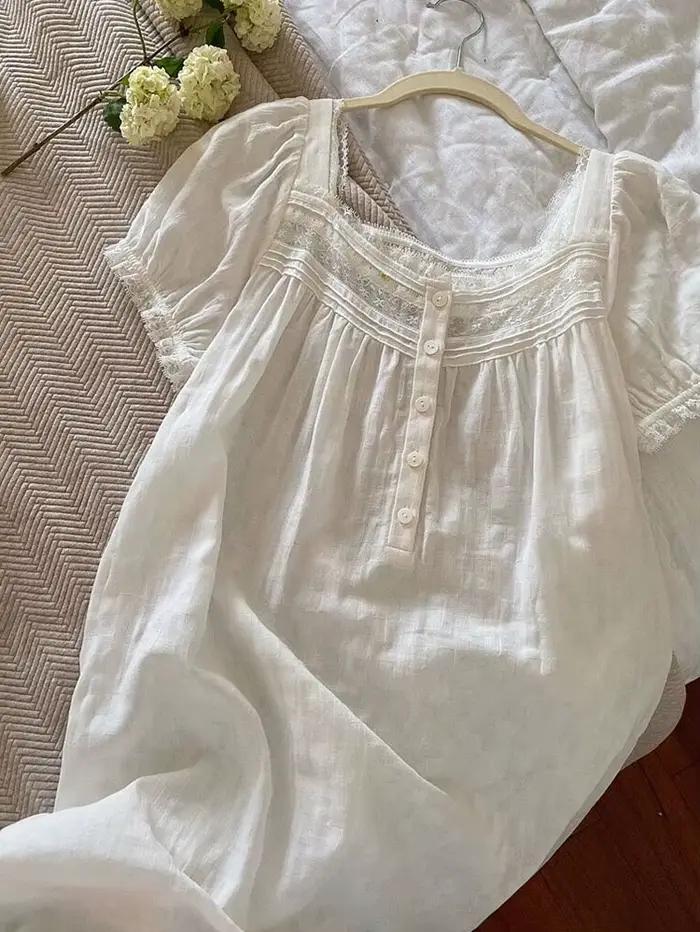 Robe de nuit longue blanche 100 % coton pur à manches courtes pour femme, coupe ample style palais, 