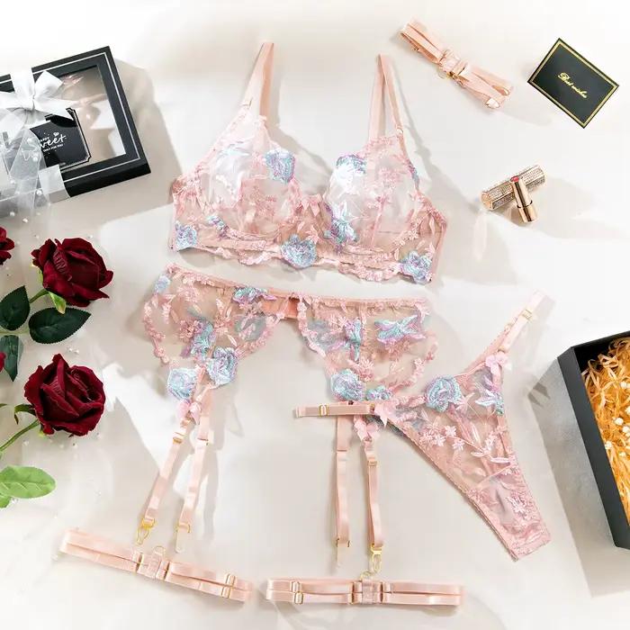 Ensemble de lingerie sexy en dentelle brodée romantique de luxe, soutien-gorge et culotte, porte-jar