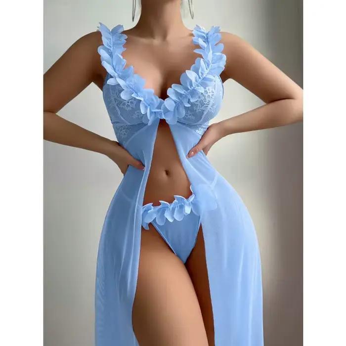 Ensemble de Nuisette Sexy en Dentelle pour Femme, Style Robe Longue, avec Bretelles à Armatures, Mot