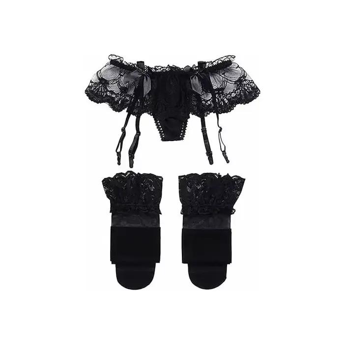 Ensemble porte-jarretelles et bas en dentelle pour femmes, culotte à bretelles en Jacquard, Mini jup
