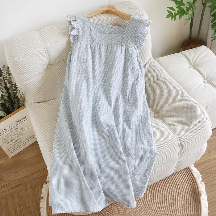 Robe pyjama sans manches pour dames, chemise de nuit en coton fin, Design à carreaux, avec coussinet