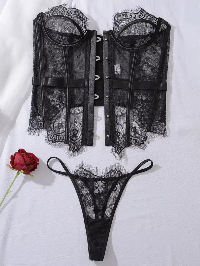 Belamimi – Lingerie sexy pour femmes, ensemble 2 pièces, corset sensuel, transparent, sans bretelles