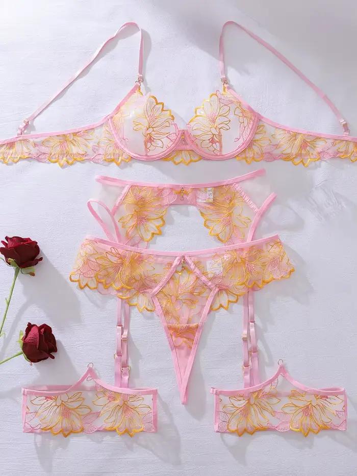 Nouvelle Lingerie Délicate Belamimi – Ensemble de 4 Pièces en Dentelle Transparente Sexy, Motif Flor