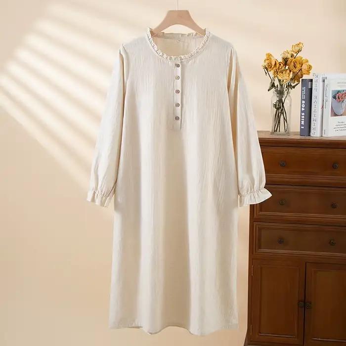 2025 Chemise de nuit simple en coton et lin pour femmes, robe fine, col rond, manches longues, pull,