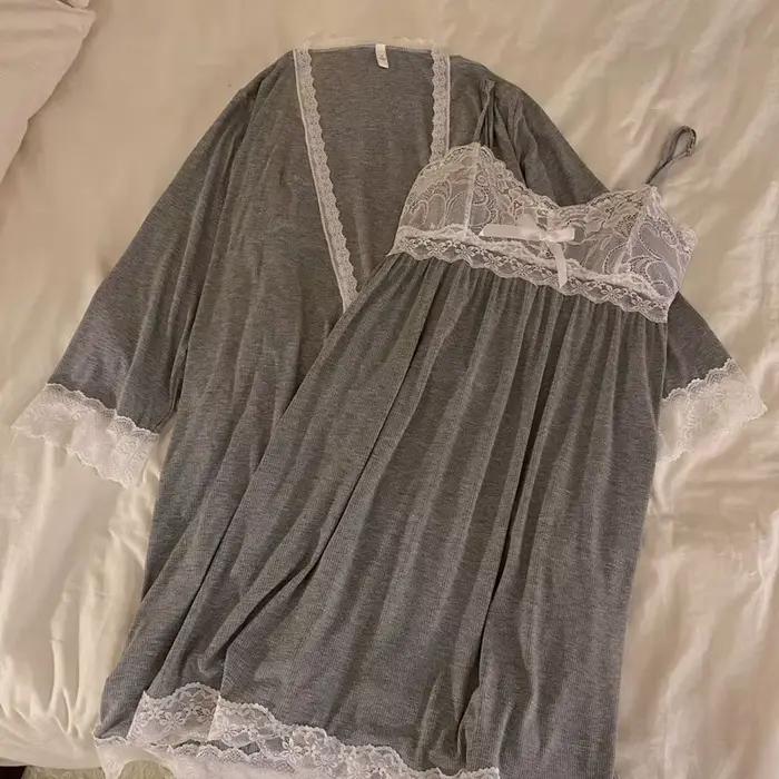 Modal chemises de nuit femmes automne hiver vêtements de nuit deux pièces ensemble dentelle Sexy à m