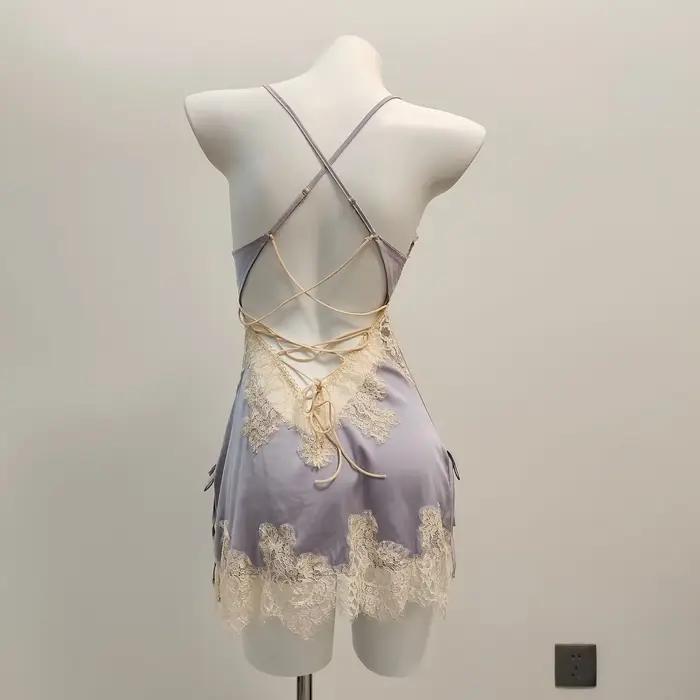 Pyjamas sexy pour femmes vêtements de nuit dentelle de soie glacée beau dos jarretelle pyjama robe d