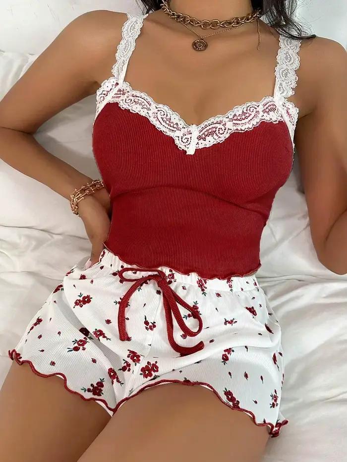 Nouvelle collection 2026 – Ensemble de nuit sexy en dentelle pour femme : caraco et short ajustés, t
