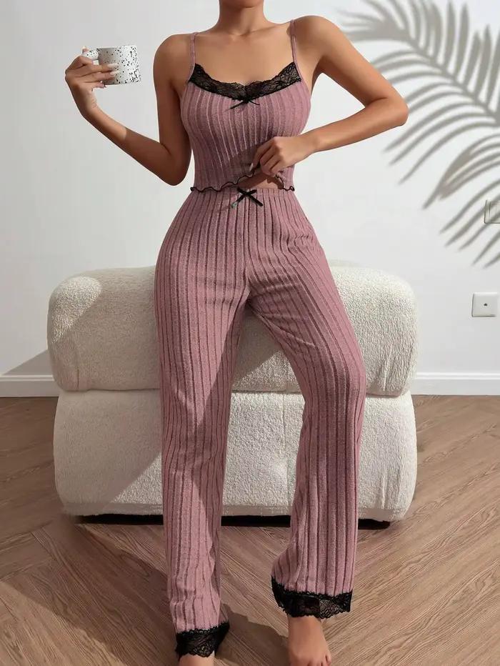 Ensemble pyjama en dentelle pour femmes, Camisole pleine longueur en Polyester, bandes à gratter, vê