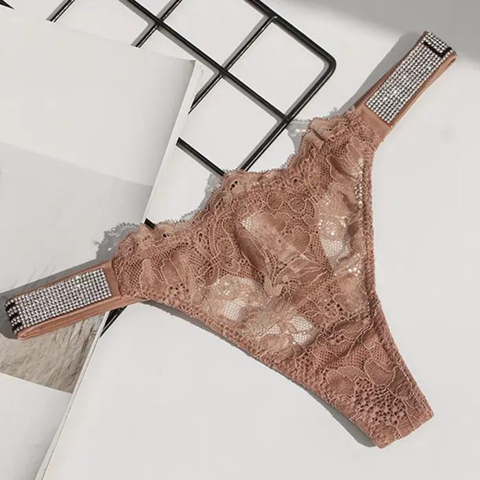 String Sexy en dentelle et strass pour femmes, taille basse, pantalon en T, culotte transparente, do
