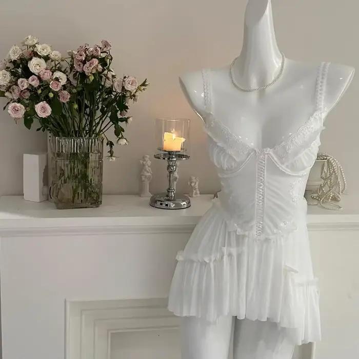 Pure Desire – chemise de nuit en dentelle avec bretelles circulaires en fil, Mini jupe, vêtements de nuit respirants et confortables pour la maison, Style féerique