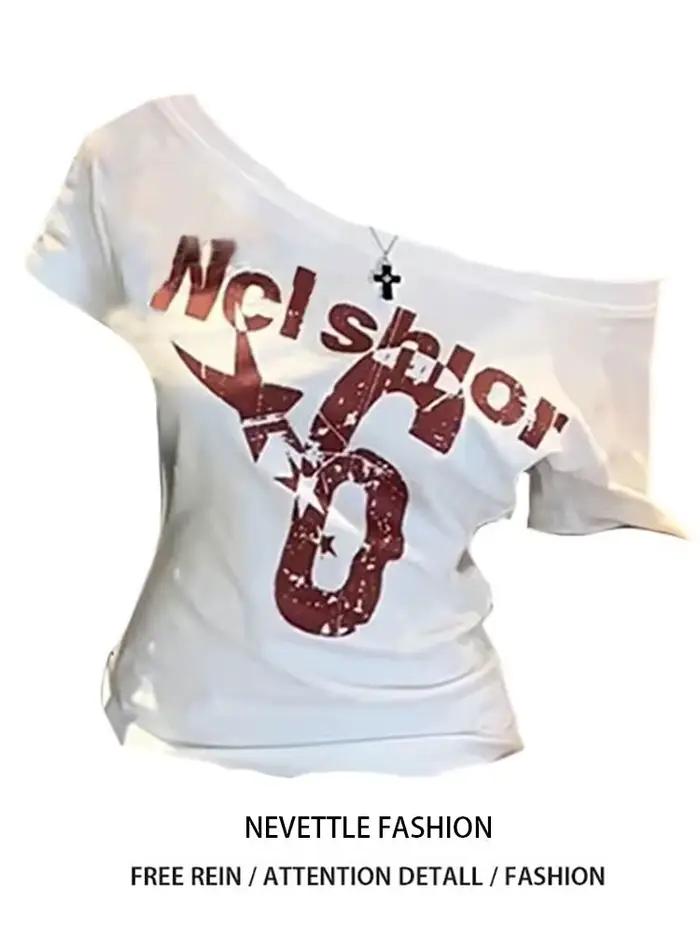 T-Shirt féminin vintage des années 2000 avec coupe décontractée et col cou fendu pour femmes, idéal pour les sorties entre amis et les journées détentes