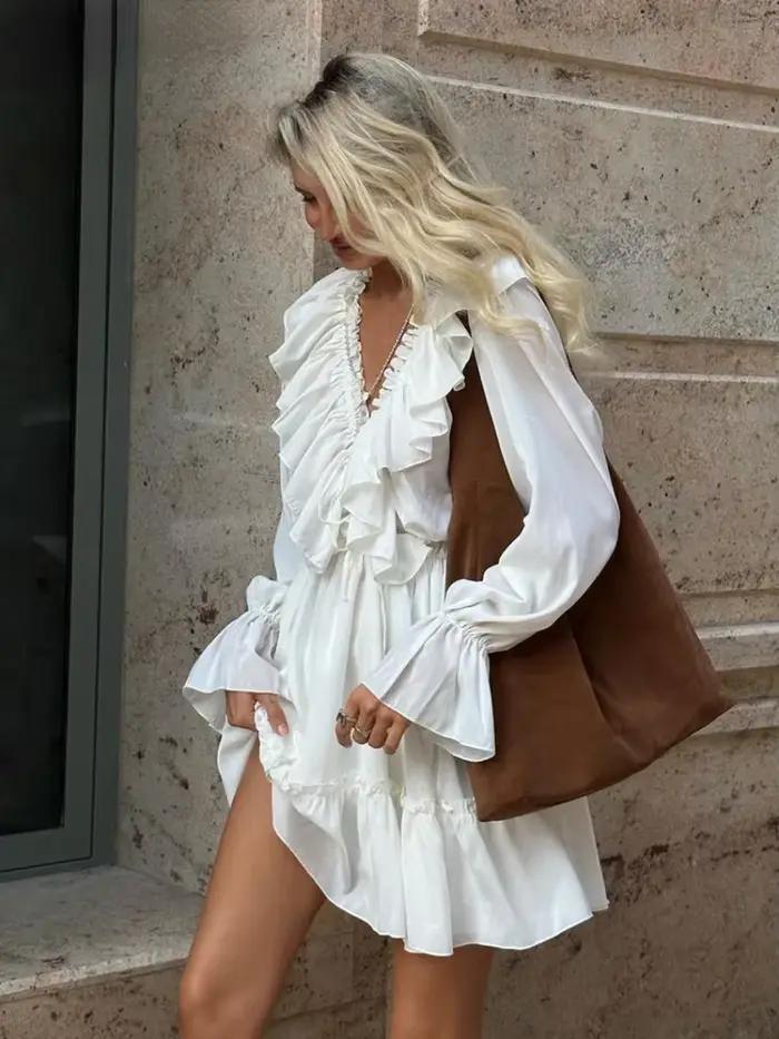 Bornladies Sexy biele voľné šaty pre dámy s výstrihom do V a dlhými rukávmi Mini