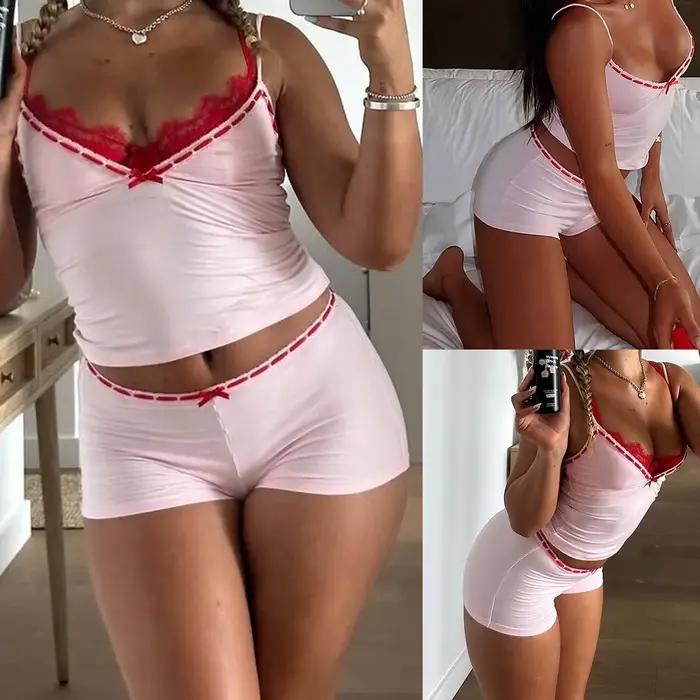 Ensemble pyjama 2 pièces pour femme, tenue de détente avec nœud décoratif, débardeur sans manches à col en V et short, vêtements de nuit et d'intérieur