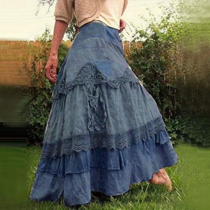 Jupe longue en dentelle pour femmes, style Boho, à plusieurs niveaux, filet évasé, boutons élégants, grande taille, en coton, nouvelle collection été 2024